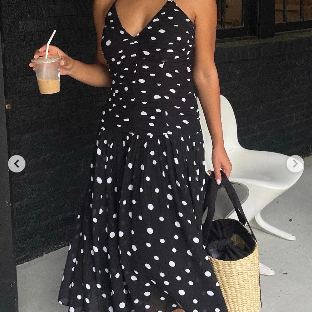 LOFT Black White Polka Dot Ruched Midi Dress Womens 8 Spaghetti Strap V-Neck